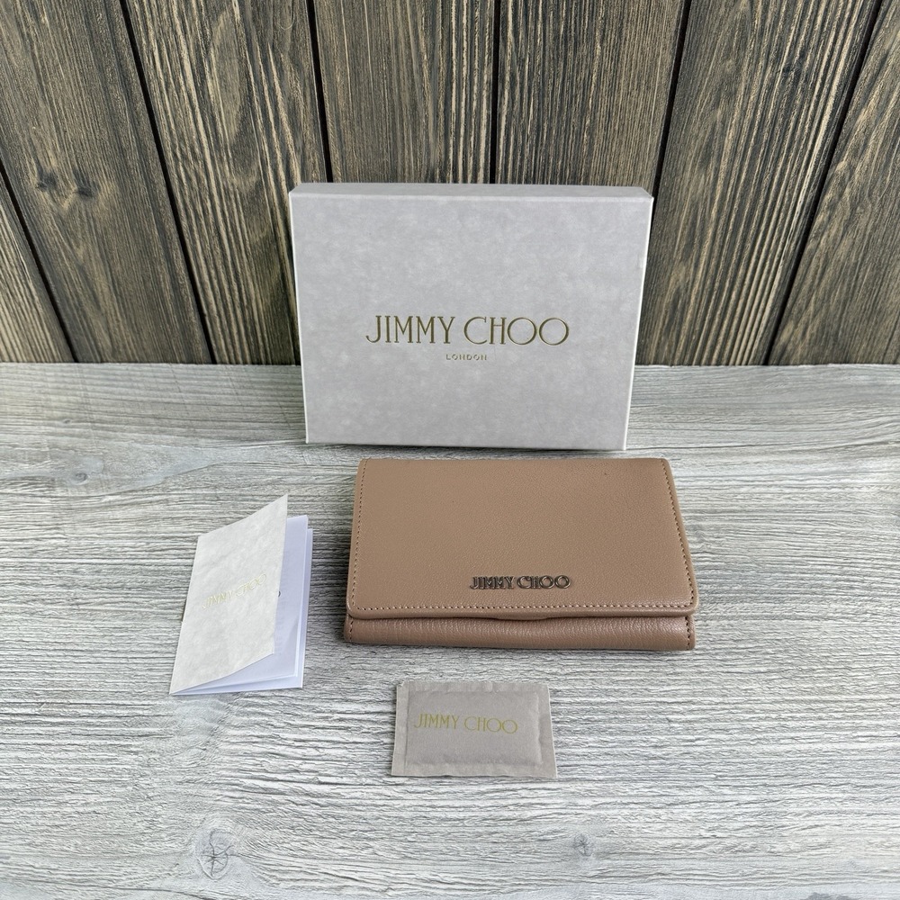 Jimmy Choo Women's Beige Leather Bifold Wallet Coin Pocket Box Made in Italy